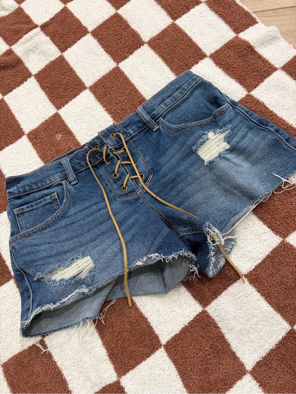 Hollister Lace-Up Distressed Blue Denim Shorts